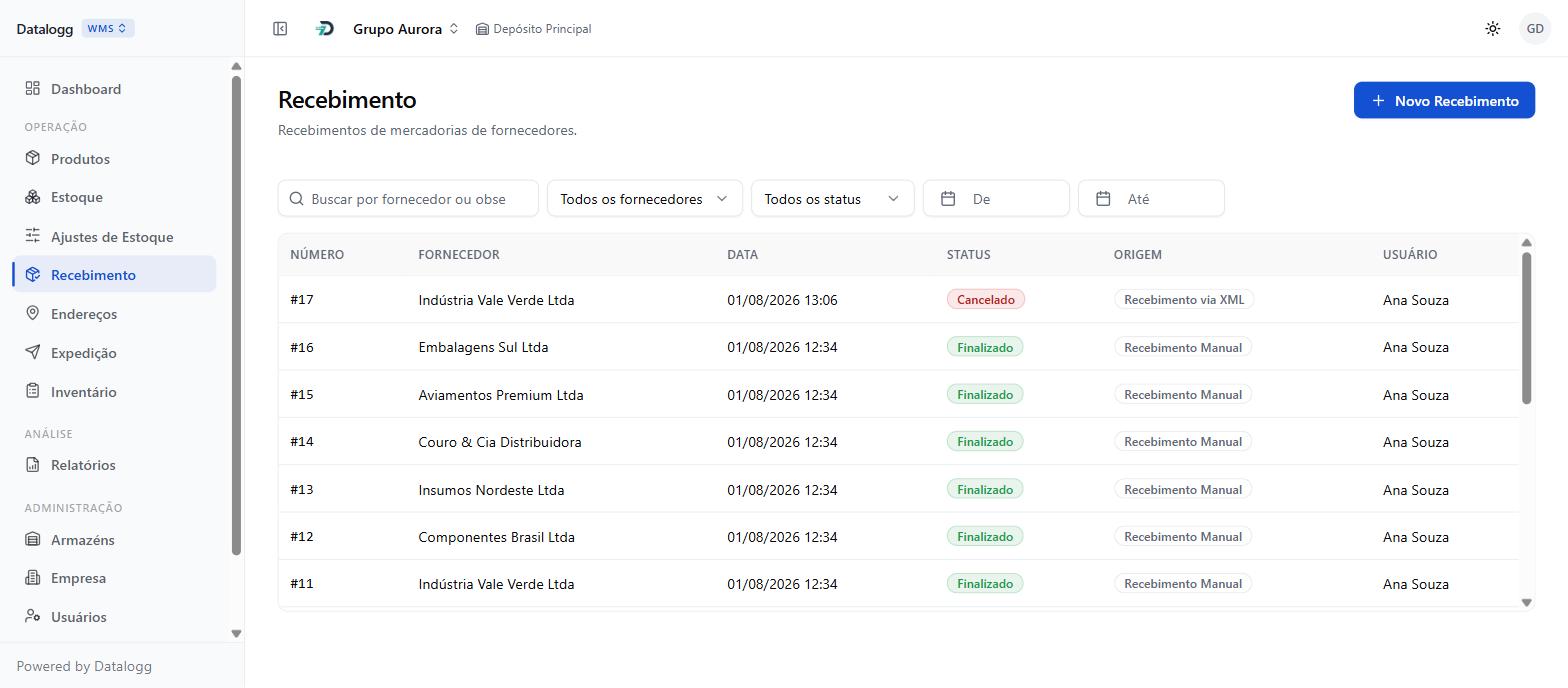 Tela de recebimento do Datalogg WMS listando entradas por fornecedor, data, status e origem
